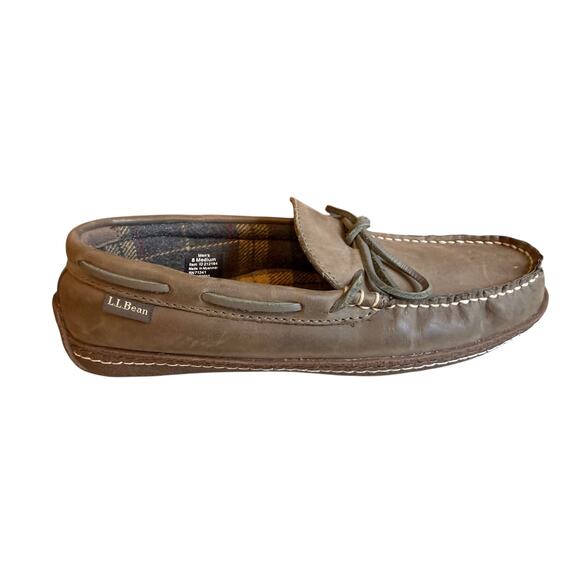 LL Bean Handsewn Leather Slippers Flannel Lined 8 - Picture 1 of 7